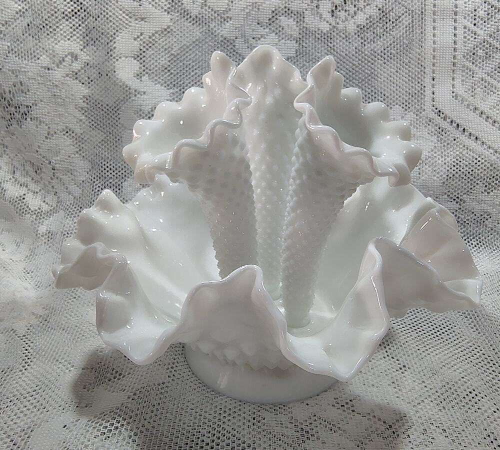 Vintage Fenton Hobnail White Milk Glass 3 Horn Epergne Vase Ruffled Bowl
